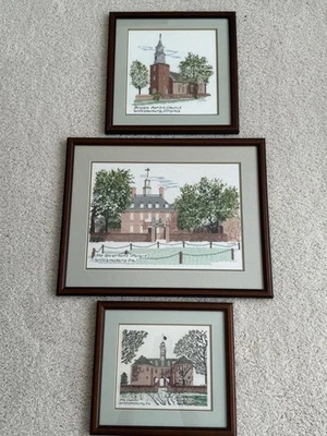Vtg Cross Stitch Bruton Parish Church Colonial Capitol Governor's Palace Set Of3 - Image 1 of 4