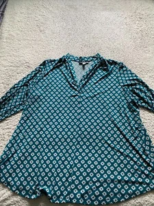 Charter Club Women Geometric 3/4 Sleeve V-Neck Blouse Green Size 3X - Picture 1 of 9
