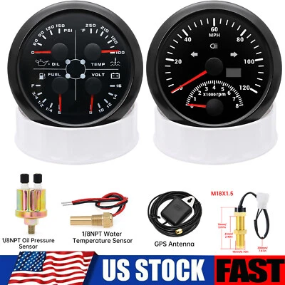 2 Gauge Set 85mm GPS Speedometer 120MPH Tacho&85mm 4 I N 1 Guage with Sensor US - Image 1 of 4