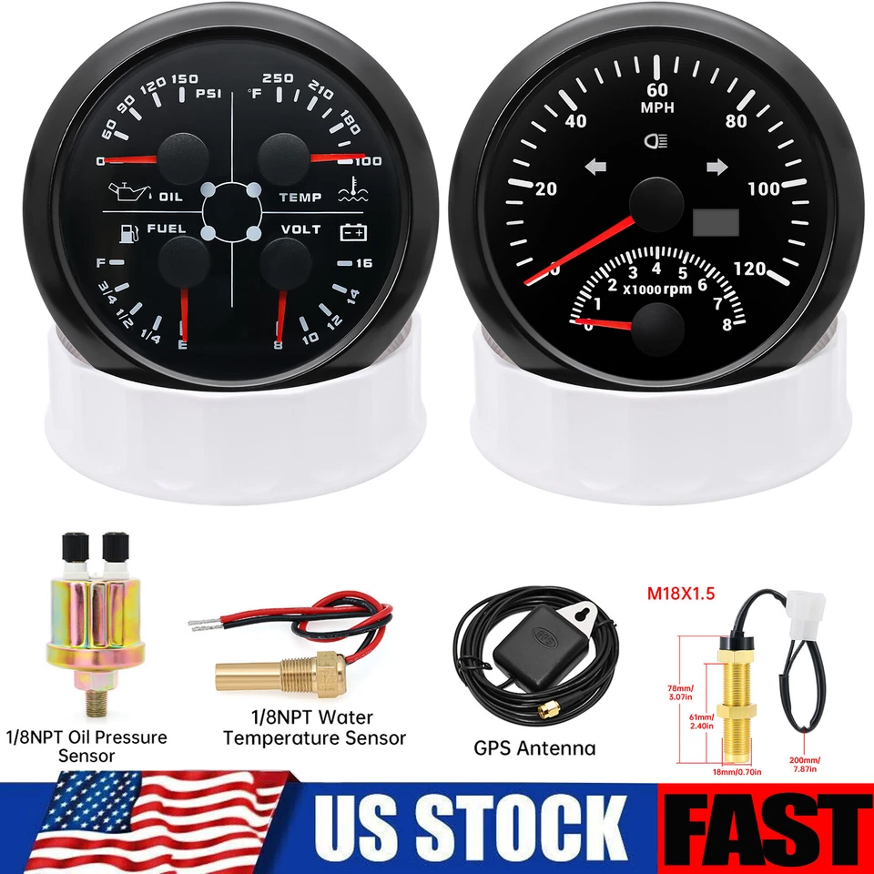 2 Gauge Set 85mm GPS Speedometer 120MPH Tacho&85mm 4 I N 1 Guage with Sensor US - Image 1 of 4