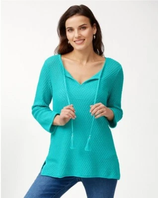 Tommy Bahama Lattice Stitch Sweater Tunic Tassels S SMALL Green 3/4 Sleeve - Image 1 of 4