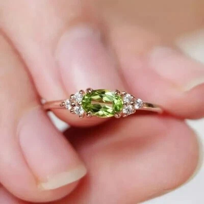 2 Ct Oval Cut Lab-Created Green Peridot Engagement Ring 14k Rose Gold Plated - Image 1 of 4