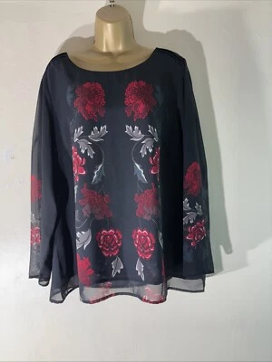 Womens John Rocha Plus Size Uk 20 Black Floral Long Sleeve Lined Blouse Shirt - Image 1 of 4