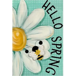 Daisy & Bumble Bee Hello Spring Polka Dot Burlap Garden Flag 12"x18" - Picture 1 of 4