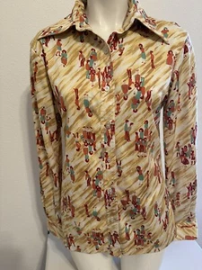 Vintage 60's 70's Shirt Women Blouse stretchy So Cute 100% Polyester Novelty M L - Picture 1 of 8