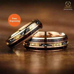 His and Hers Matching Meteorite Black Fire Opal & Gold Leaf Couple Wedding Rings - Picture 1 of 10