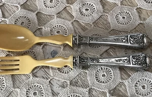 Antique 19C English .800 Silver & Celluloid Ornate Fork / Spoon Serving Pieces - Picture 1 of 9
