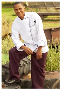 White Chef Coats with Black Piping, Cloth Covered Buttons, Size: XL - 432 - Picture 1 of 6