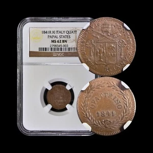 ITALY. 1841, Quattrino - NGC MS62 - Papal States, Gregory XVI, 1/0 OVD, R/B OMM - Picture 1 of 10