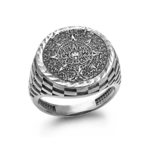 Sterling Silver Aztec Mayan Sun Calendar Sparkle-Cut Unisex Signet Ring - Picture 1 of 5
