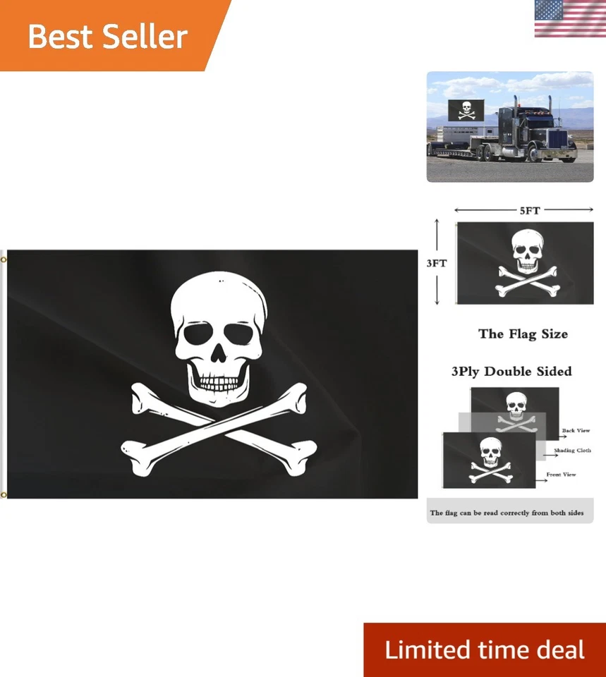 Double Sided Pirate Jolly Roger Skull Flag - Skull Bones Flag 3x5FT for Outdo...