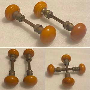2 BAKELITE DOOR KNOB SETS W/SPINDLES - BUTTERSCOTCH YELLOW - CIRCA 1920 VINTAGE - Picture 1 of 14