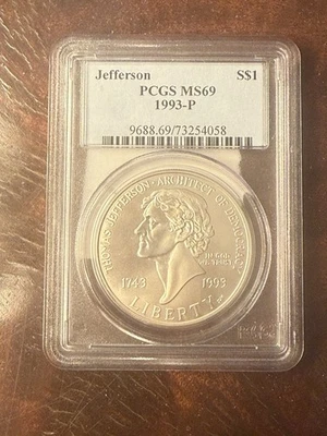 1993 P $1 Jefferson Silver Commemorative Dollar PCGS MS69   - Image 1 of 3