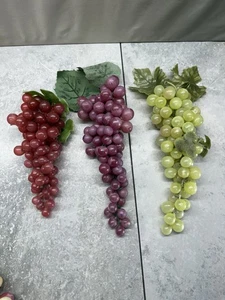 Vintage Set of 3 Rubber Artificial Green Purple Red Grape Clusters 10+ Inches - Picture 1 of 2