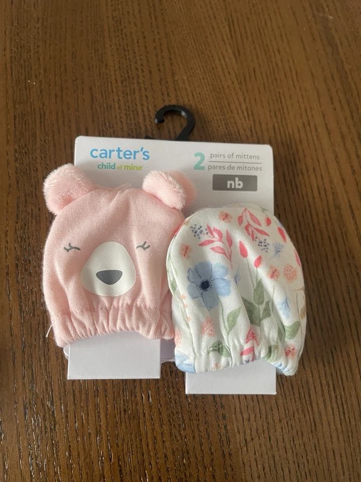 Carters Newborn Baby Girl Mittens 2 Pack Pink White - Image 1 of 1