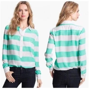 Equipment Women’s Sz XS Green White Silk Shirt Rugby Stripe Popover Top - Picture 1 of 11