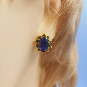 Sapphire Diopside Studs, Chrome Diopside, Gold Plated, Lab Created - Picture 1 of 5