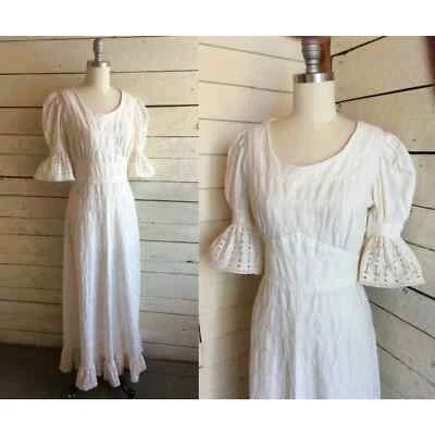 Vestido de novia boho hippie años 70 algodón muselina - hecho a mano - encaje ribete volantes años 60 Foto 1 de 4