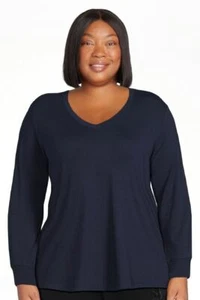 Plus Size Navy V-Neck Semi Fitted T-Shirt with Long Sleeves - Picture 1 of 7