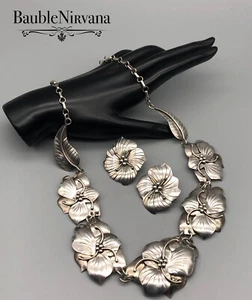 Arts & Crafts Sterling Silver Hibiscus Flower Links Chunky Necklace&Earrings Set - Picture 1 of 9