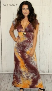 New Womens MUSTARD BURGUNDY WINE TIE DYE CAP SLEEVE SOFT MAXI DRESS BOHEMIAN S M - Picture 1 of 5