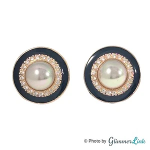 VTG Roman White AB Faux Pearl Cabochon Rhinestone Enamel Gold Tone Earrings - Picture 1 of 8