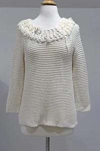 New ANTHROPOLOGIE Ivory Tassel Cotton Boatneck Sweater Sz L - Picture 1 of 6