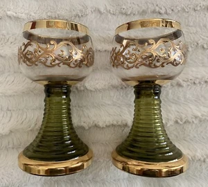 2 Vintage Famosa Wien Österreich Bienenstock Kelch grün Kunstglas Goldrand Folie - Bild 1 von 9