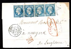 FRANCE 1864 US NAPOLEON 20C STRIP OF 4 TIED PAIRS "PARIS 21.FEB.64" VIA ENGLAND - Picture 1 of 3