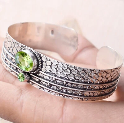 Peridot Cut, Gemstone Bracelet 925 Sterling Silver Handmade Man's Cuff Jewelry - Image 1 of 4