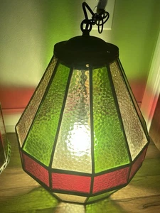 Vintage/Antique Stained Glass hanging Light Chain Swag MCM Pendant Tiffany Style - Picture 1 of 10