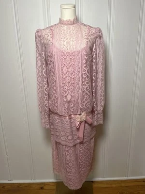 Vestido Emma Domb Vintage Años 60 70 Talla 12 Rosa Encaje Detalle Floral Retro ENVÍO RÁPIDO Foto 1 de 4