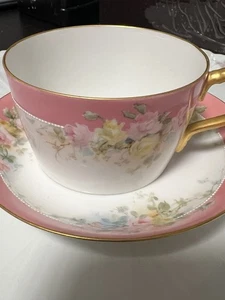 Antike Limoges handbemalte Tasse Untertasse rosa gelbe Rosen - Bild 1 von 21