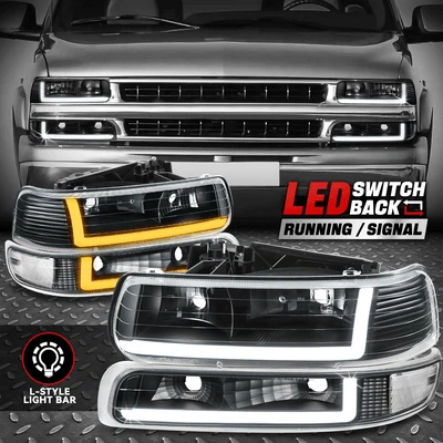 [Switchback Dual L-LED DRL] For 99-06 Silverado Suburban Headlights Black/Clear - Image 1 of 4