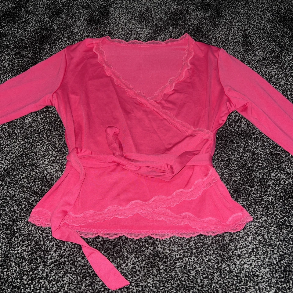 Pink Stretch Faux  Wrap Top With Lace Trim. Bell Sleeves And  Belt. Size S. - Image 1 of 4