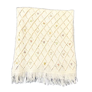 Vintage Smiths Bermuda Scarf England Wool 70s Ivory Knit Fringe Rose Embroidered - Picture 1 of 8
