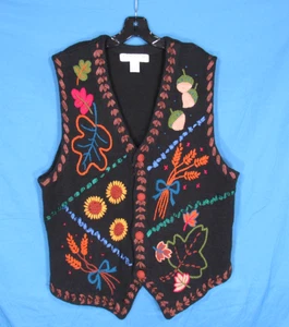 VTG VICTORIA JONES Black LEAVES ACORNS FALL Button-Up KNIT SWEATER/VEST Sz 1X - Picture 1 of 5