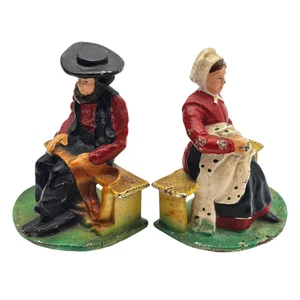 Antike Gusseisen Amish Paar Buchstützen Mann und Frau handbemalt 1930er 5" - Bild 1 von 17