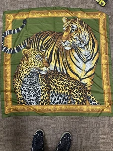 Tiger Leopard Print Scarf Womens Green Gold Baroque Border Square Polyester - Picture 1 of 8