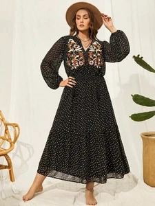 Plus Size Embroidered Tassel Balloon Sleeve Dress - Picture 1 of 5