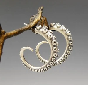 Unique Gothic Handmade 925 Sterling Silver Octopus Tentacle Punk Hoop Earrings - Picture 1 of 10