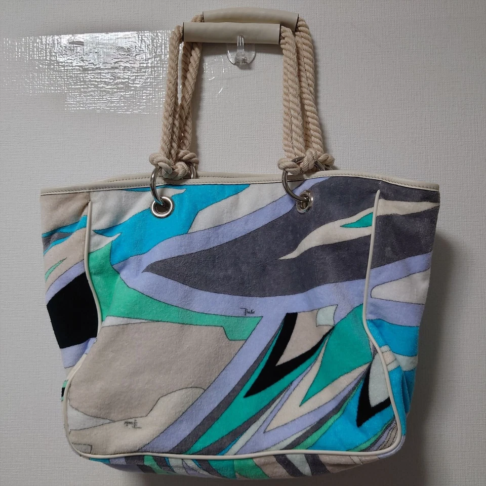 Emilio Pucci Bolso Mediano Tote Pila Tela Pucci Patrón Verde Azul Foto 1 de 4