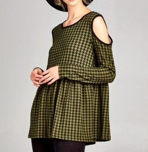 Lime Chili Cold Shoulder TOP Houndstooth SMALL Olive Green Black Hi Low - Picture 1 of 8