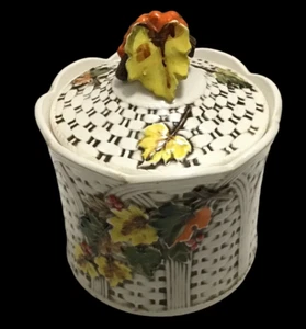 Lefton Autumn Leaves Canister Cookie Jar #7276 Basketweave Japan 1960s Fall Vtg - Picture 1 of 7