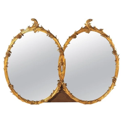 Large French Rococo Double Oval Scroll & Leaf Giltwood Mirror 20th C Cover