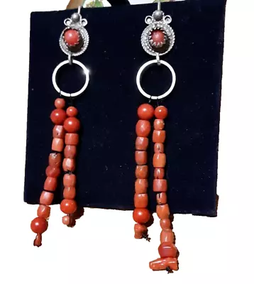 Corallo e Argento.925 del'900 Lunghi Pendenti - Immagine 1 di 3