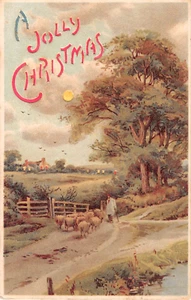 1904 Hold to Light Sheep & Farmer in Road Jolly Christmas post card - Picture 1 of 2