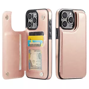 Wallet Card Holder Case for iPhone 16e 15 14 13 12 11 Pro Max XS Leather Cover - Picture 1 of 14