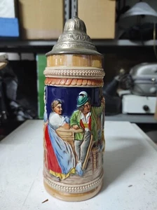 Boccale da birra in ceramica tedesco vintage antico con coperchio in peltro Gerz - Foto 1 di 5
