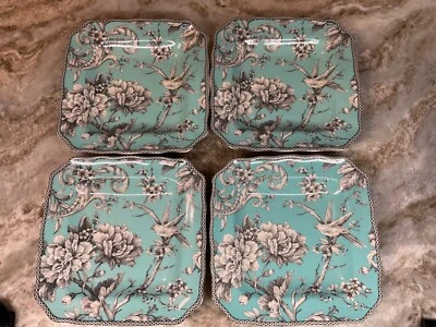 222 Fifth Square Salad Plates Adelaide Turquoise Set Of 4. Bird And Flowers New - Image 1 of 4